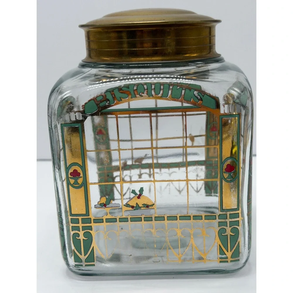 Vintage Art Deco Glass Cookie Jar Brass Lid Multi-Language Cookies Kuchen Green